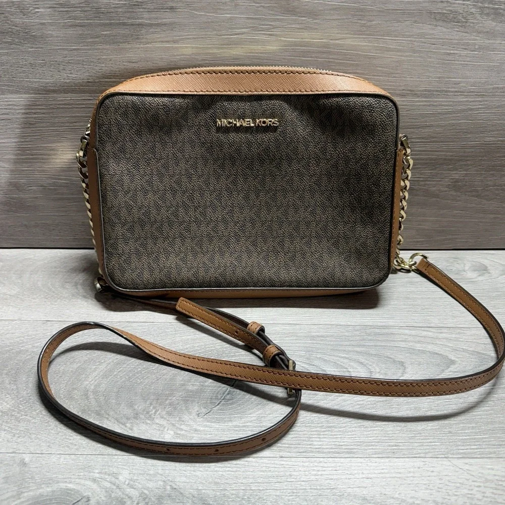 Michael Kors Signature Logo Satchel & Crossbody Purse Bags 2PC Set Brown